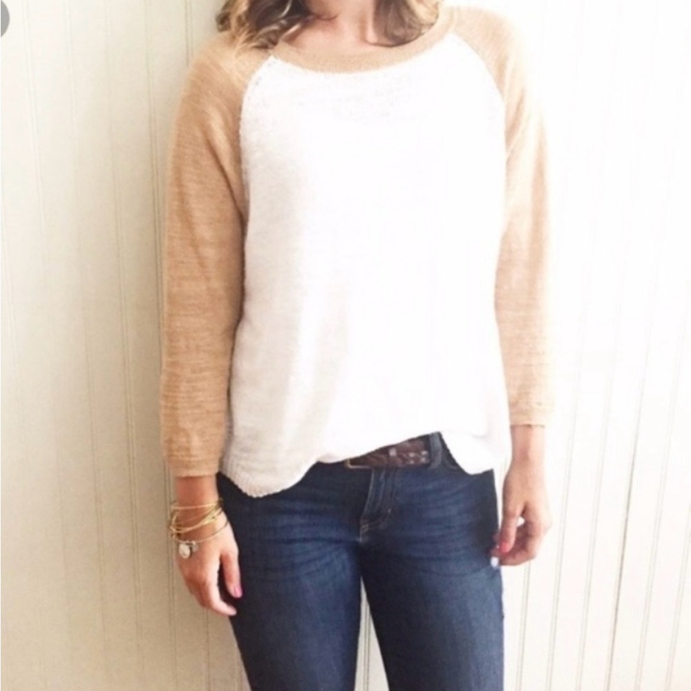 J. Crew Raglan Baseball Linen Sweater White Tan Medium